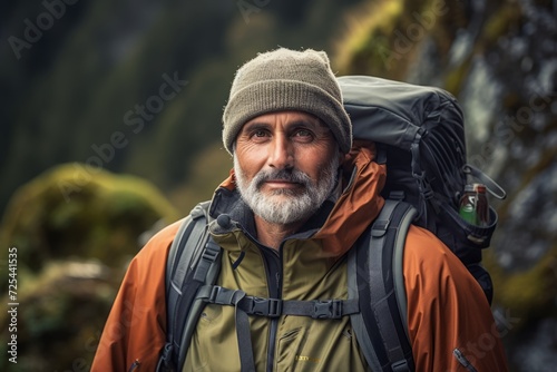 Portrait of a senior man with a backpack in the mountains.