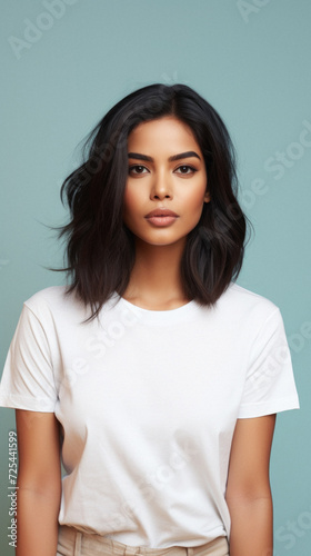 Young pretty cool Indian woman model wearing tshirt looking at camera standing on color background. Face skin care cosmetics makeup, fashion ads. Beauty portrait. White t-shirt mock up template .