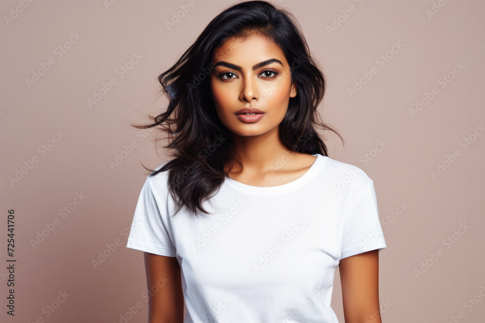 Young pretty cool Indian woman model wearing tshirt looking at camera standing on color background. Face skin care cosmetics makeup, fashion ads. Beauty portrait. White t-shirt mock up template . Young pretty cool Indian woman model wearing tshirt looking at camera standing on color background. Face skin care cosmetics makeup, fashion ads. Beauty portrait. White t-shirt mock up template .
