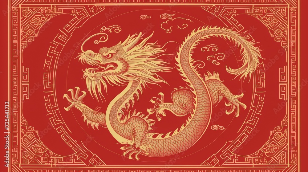 Obraz premium Happy Chinese new year poster with gold dragon, red backgrounds, the year of the dragon.