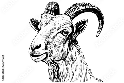 Goat head hand drawn ink sketch. Engraved style vector logotype. photo