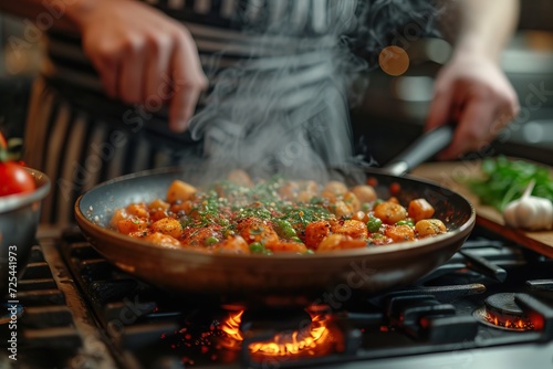 Wok with a delicious food are cooking for dinner. Generative AI
