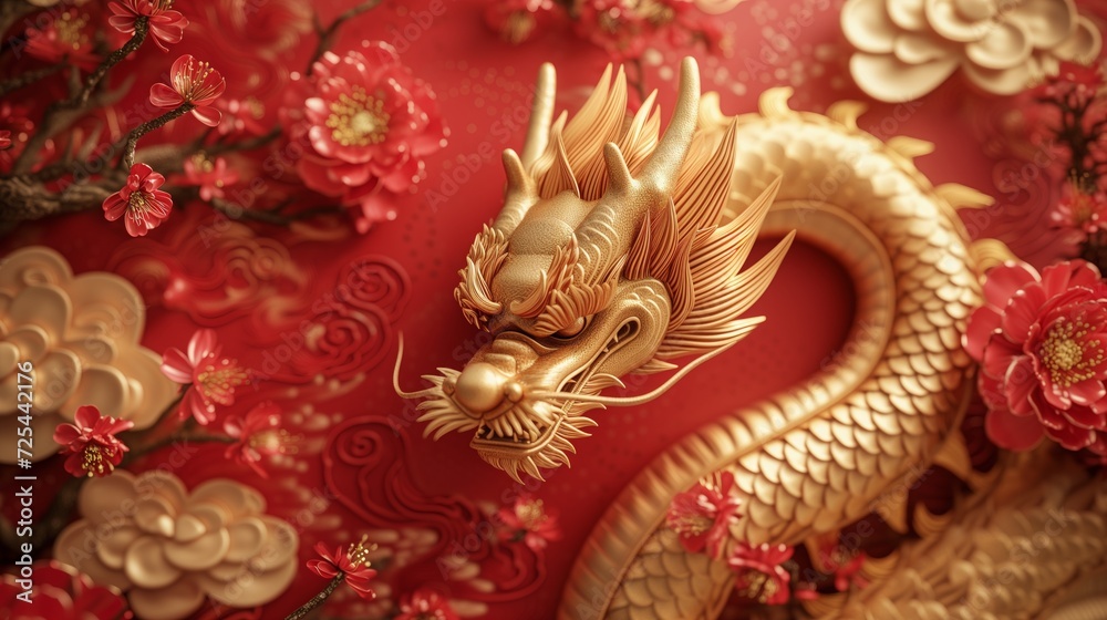 Chinese new year, template design with gold Chinese dragons and flowers, the year of the dragon, red background. Chinese new year, template design with gold Chinese dragons and flowers, the year of the dragon, red background.