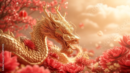Chinese new year  template design with gold Chinese dragons and flowers  the year of the dragon  red background.
