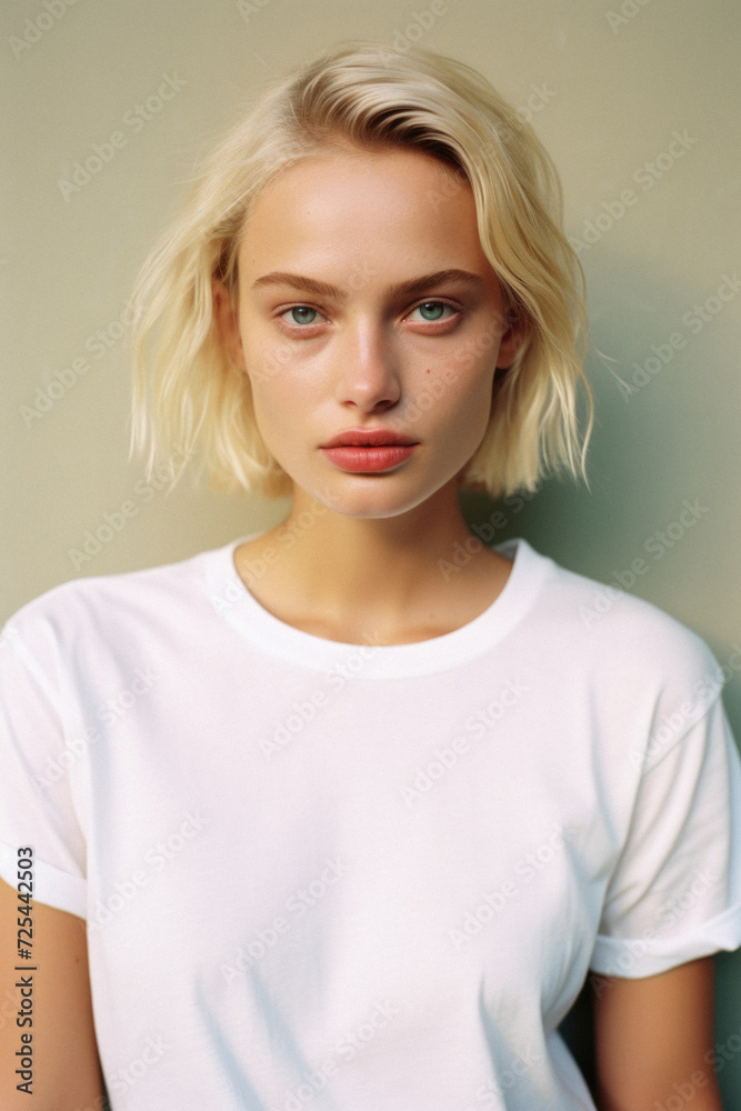 Young pretty cool trendy woman gen z model wearing tshirt looking at camera standing on color background. Face skin care cosmetics makeup, fashion ads. Beauty portrait. White t-shirt mock up template. Young pretty cool trendy woman gen z model wearing tshirt looking at camera standing on color background. Face skin care cosmetics makeup, fashion ads. Beauty portrait. White t-shirt mock up template.