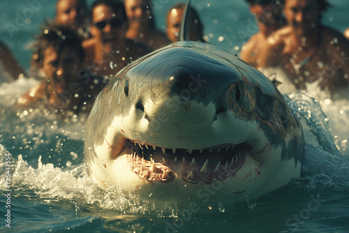 Man riding a great white shark.  © Bargais