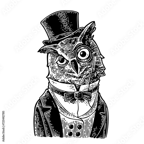 Owl gentlemen dressed in suit, tie and hat cylinder. Vintage black engraving