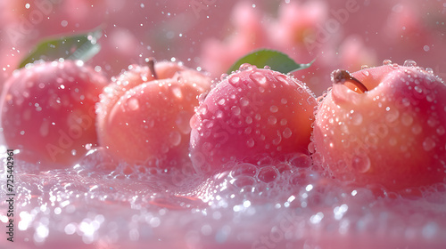 peaches float in the water, a light pink and transparant texture style