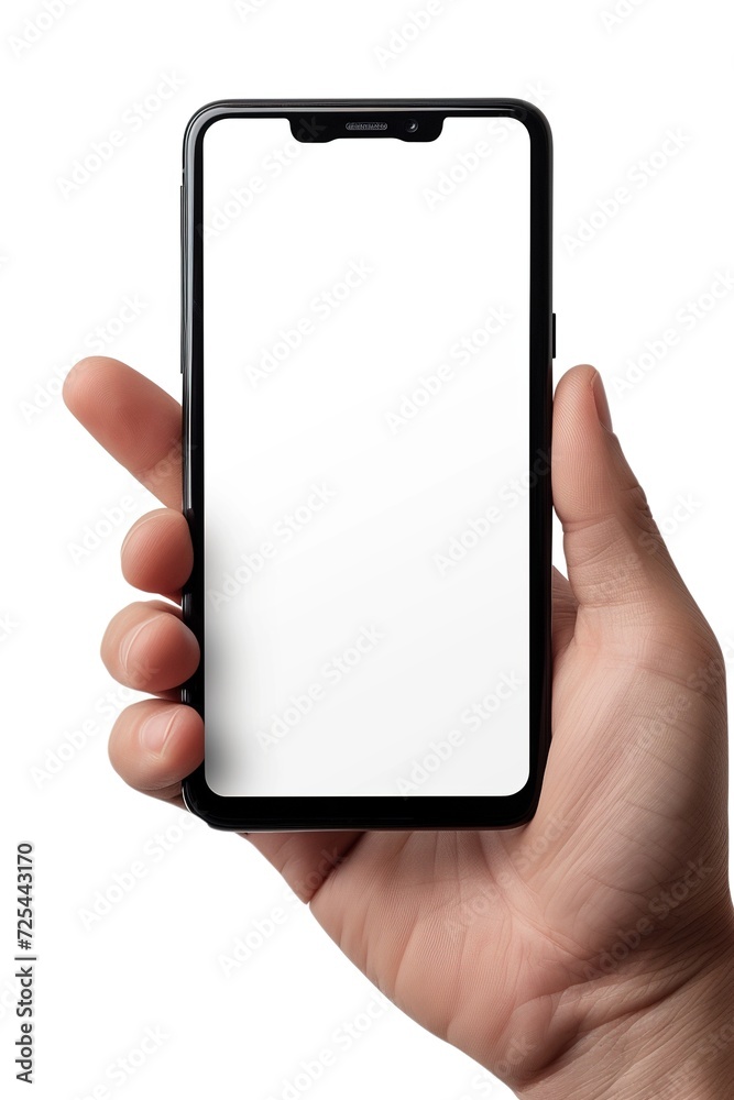 Smartphone with blank white screen in hand on white background. Smartphone with blank white screen in hand on white background.