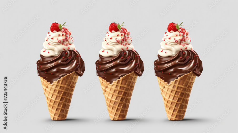 Three ice cream cones with delicious chocolate and strawberry toppings. Perfect for summer treats and dessert lovers Three ice cream cones with delicious chocolate and strawberry toppings. Perfect for summer treats and dessert lovers