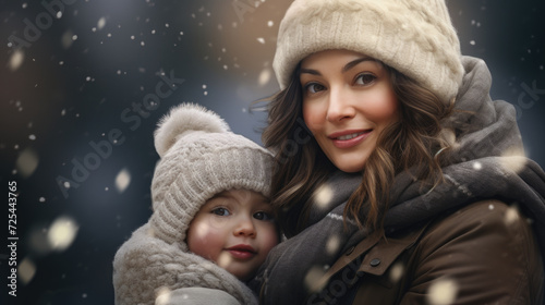 Woman holding baby in warm winter coat. Suitable for family and winter-themed designs