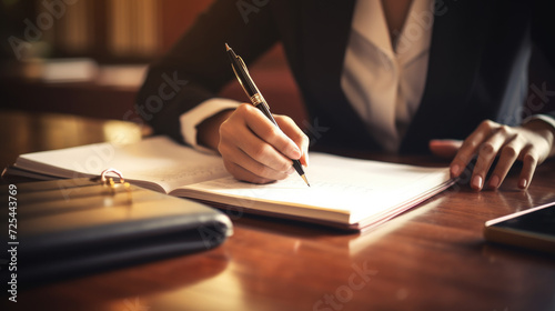 Woman in business suit writing on notebook. Suitable for business, office, and education concepts