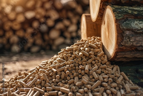 Biomass wood pellets pile and woodpile.