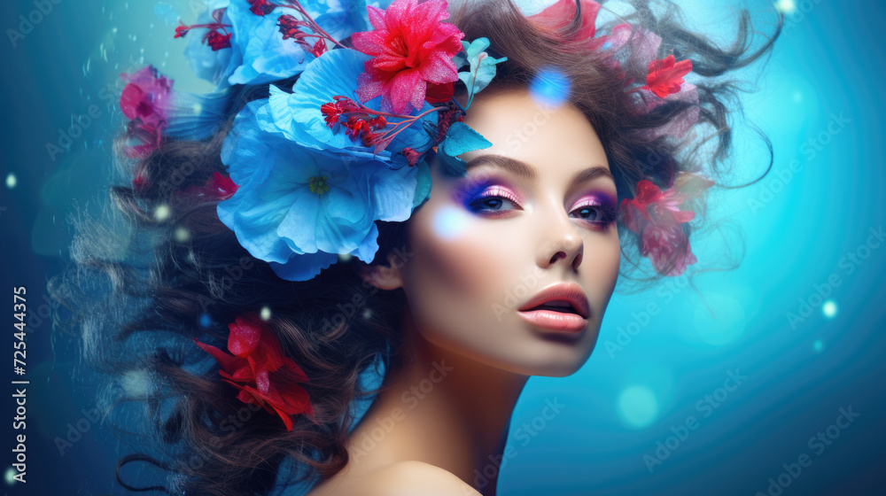 Woman wearing flowers in her hair. Can be used for beauty, fashion, or nature themes