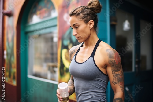 athlete in a racerback top and capris hydrating after a run photo