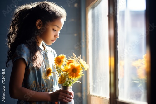 girl in sunlight by a window, clutching flowers