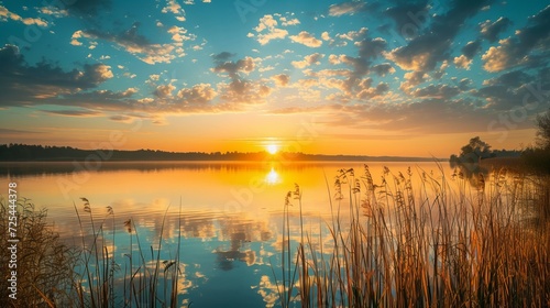 sunset at coast of the lake. Nature landscape. Nature in northern Europe. reflection  blue sky and yellow sunlight. landscape during sunset.