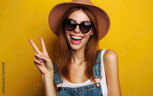 Portrait of stylish young woman in synglasses on yellow background