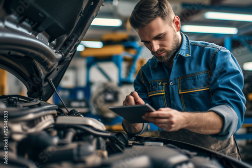 Expert Diagnosis, Mechanic Analyzing Car Engine with Digital Tablet