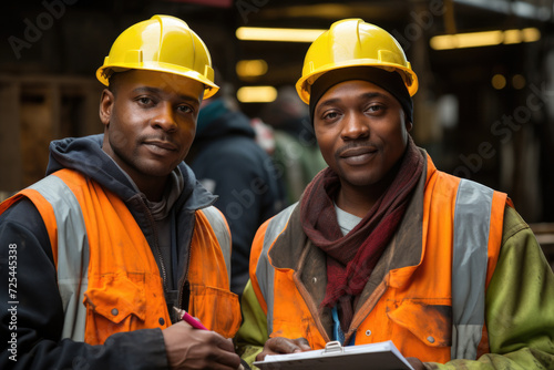 Two men wearing safety vests and hard hats stand next to each other. Suitable for construction, engineering, or workplace safety themes