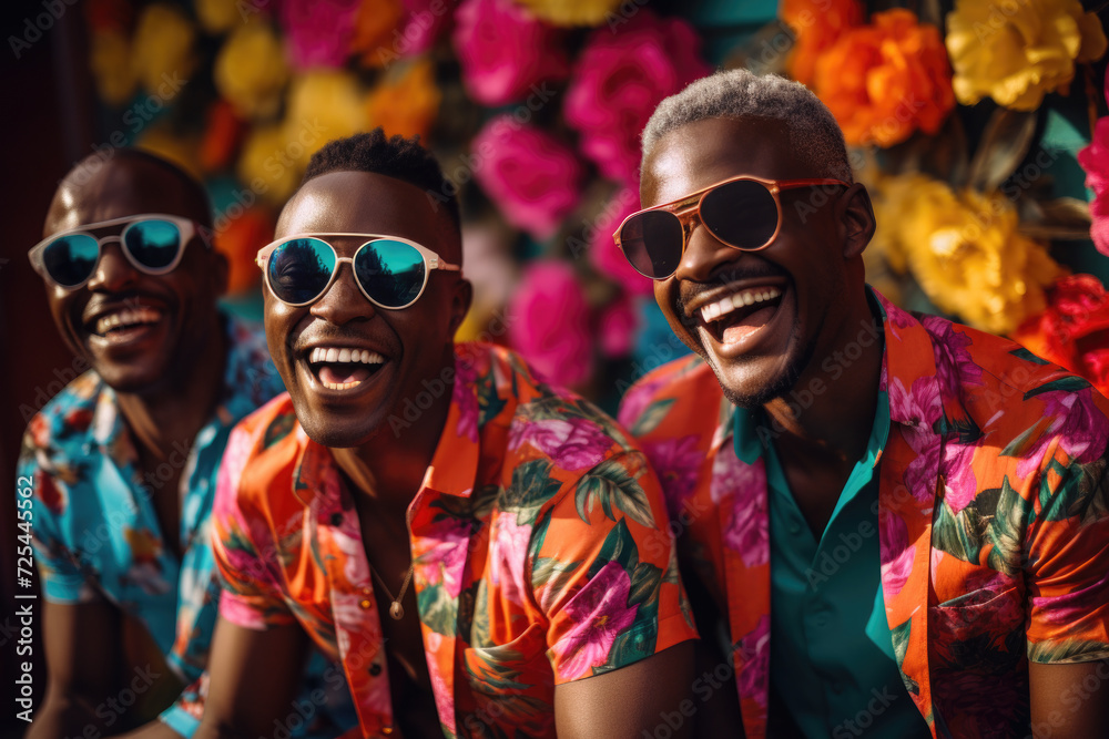 Group of three men wearing colorful shirts and sunglasses. Suitable for various occasions and events