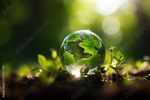 Glass globe sitting on top of lush green field. Suitable for environmental themes and global concepts © vefimov