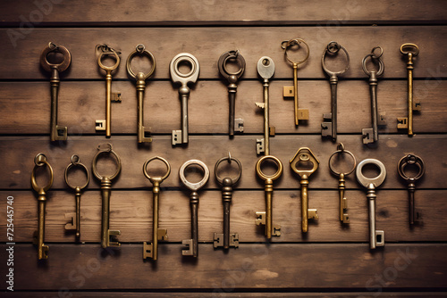 antique keys isolated on wood stock photo