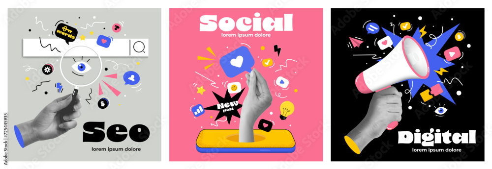 Set of collage elements with Marketing elements and hands. Modern illustration with hands coming out of phones and showing different gestures. Retro banner with cut out paper elements. Vector
