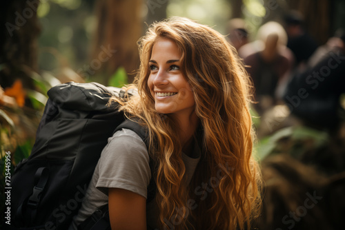 Smiling Young Caucasian Woman with Backpack Enjoying a Hiking Adventure in the Forest, Exuding Happiness and a Love for Nature