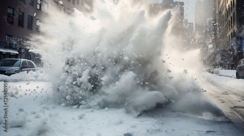 A Vehicle Experiences the Full Force of an Explosive Snowstorm on an Urban Street, Showcasing the Sudden Impact of Severe Winter Weather