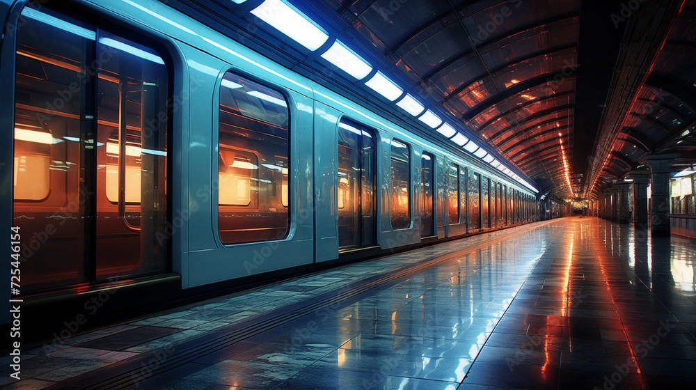 Fototapeta premium Modern Train Station Illuminated by Warm Glows at Twilight, Reflecting a Fusion of Technology and Urbanity