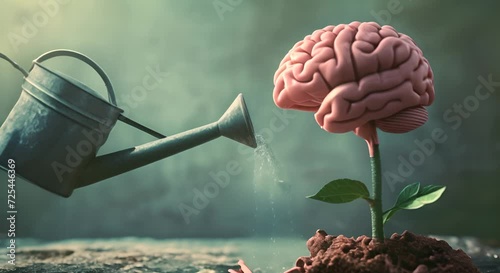 Brain on a plant stalk being watered by a watering can. Concept of learning and intellectual growth. photo