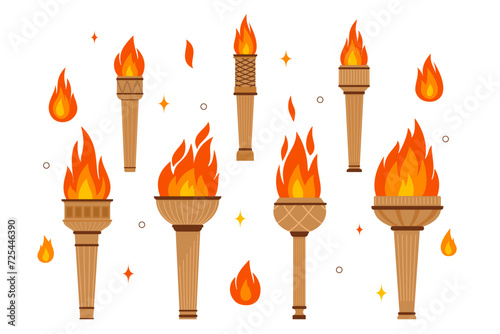 Set of burning torches. Fire flame options. Vector illustration on isolated background. © Janna7