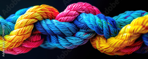Colorful rope on black background. Teamwork and diversity concept.