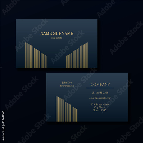 Real estate business card template, vector illustration. Premium design, dark navy and gold accents