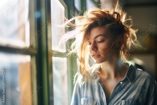 person squinting at sunlight through window, messy hair photo