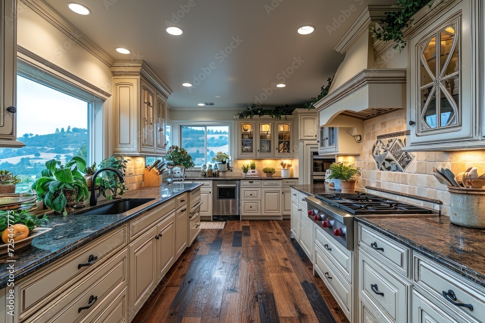 Fototapeta premium modern kitchen design with wooden flooring interior professional advertising photography