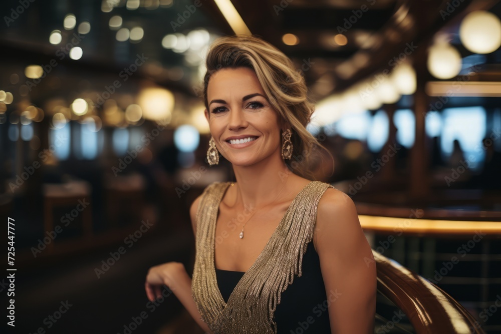 Portrait of a beautiful woman in evening dress posing in the restaurant.
