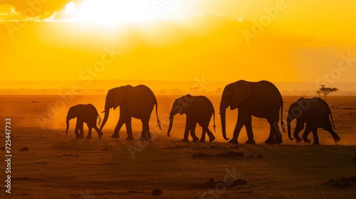 Vast Sunset Landscape with Elephant Family AI Generated.