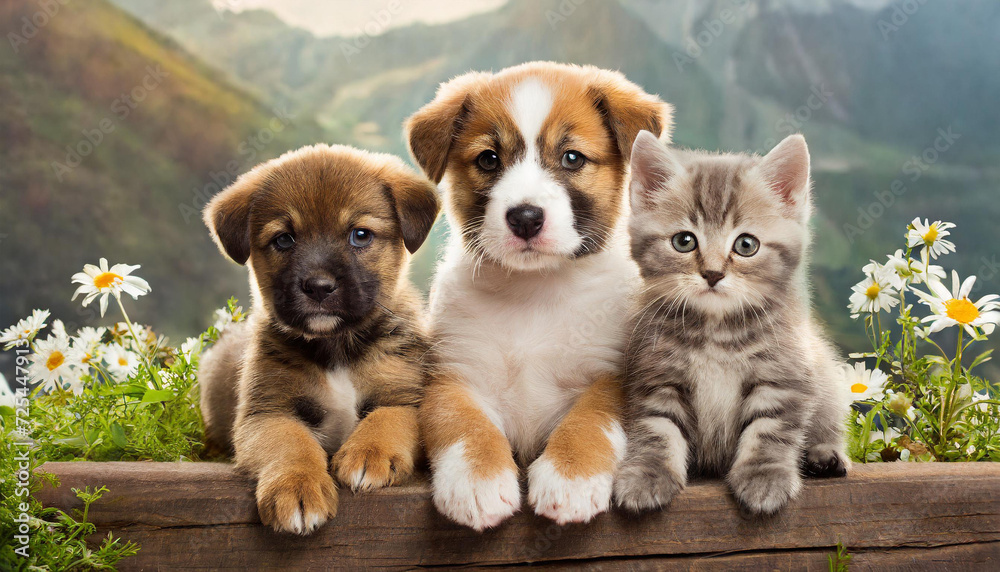 Two puppies and a kitten together - obrazy, fototapety, plakaty 