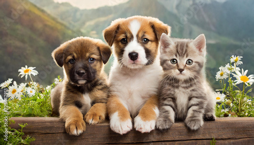 Two puppies and a kitten together photo