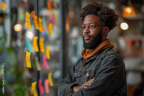 A young African-American man wearing glasses and a denim jacket is looking at a wall of sticky notes