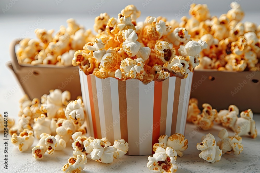 popcorn popping in striped cardboard bucket professional advertising food photography popcorn popping in striped cardboard bucket professional advertising food photography