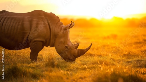 Majestic Rhino Grazing on Grassy Plain at Sunset AI Generated.