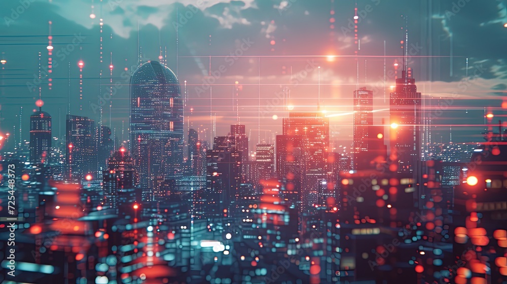 Sunset over a bustling futuristic cityscape with a digital data overlay, symbolizing the integration of technology and urban life.
