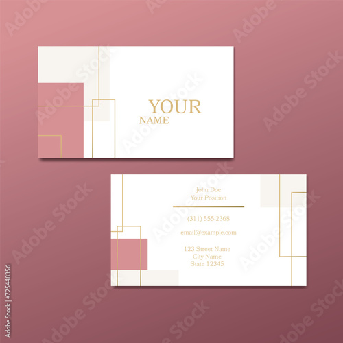 Beauty salon business card vector template. Minimal design, gold and pink accents, abstract illustration.