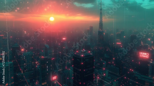 The sun sets over a cityscape with a cybernetic network overlay  illustrating the fusion of nature and digital technology.