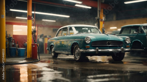 Vintage Car wash after being cleaned in water droplets