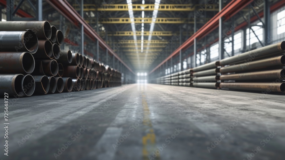 steel pipe product, row of shelf and concrete floor inside large warehouse building, factory or store. Concept of metallurgy industry, steel production, engineering and manufacturing.