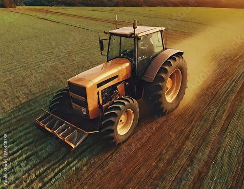 tractor in a field at sunset
